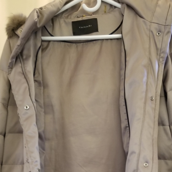 EUC TAHARI SATIN PEWTER WINTER JACKET / COAT HOOD REAL RABBIT FUR SIZE L - Picture 4 of 6